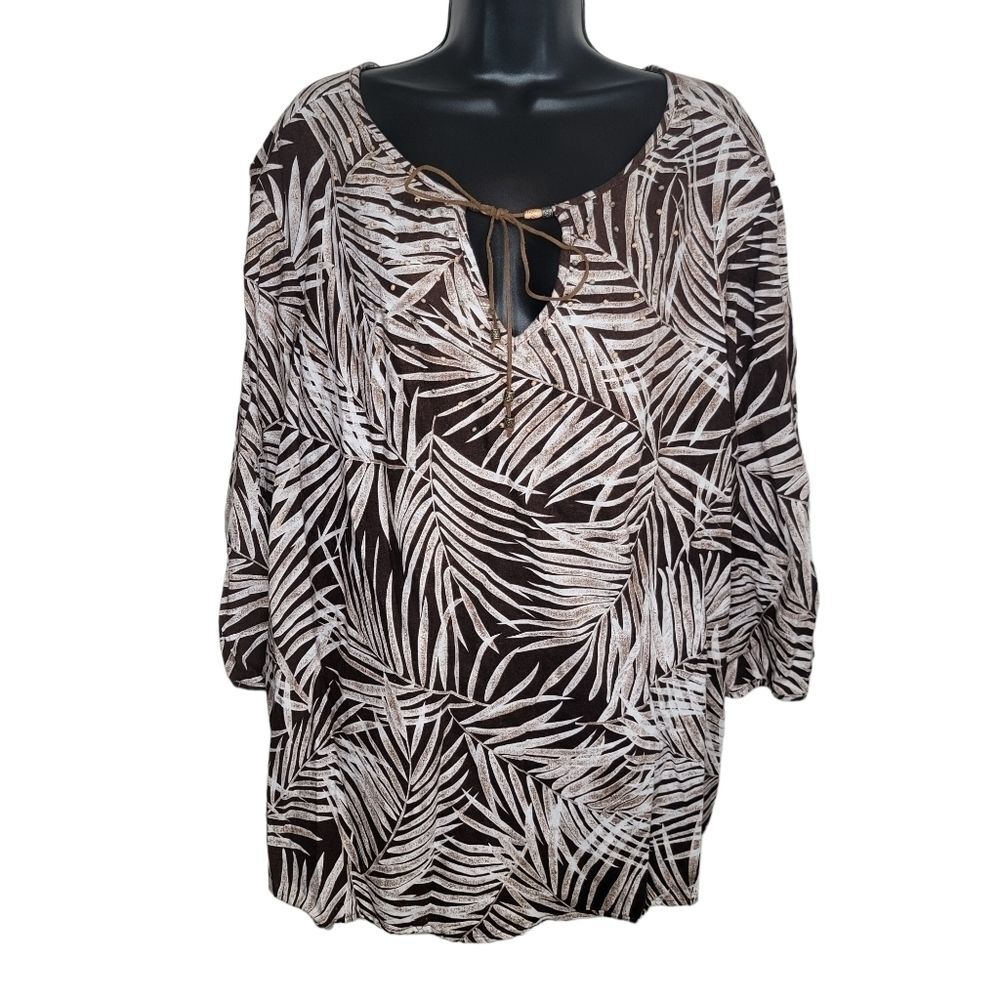 Erika Woman linen blend palm leaf print boho peasant top size 2x